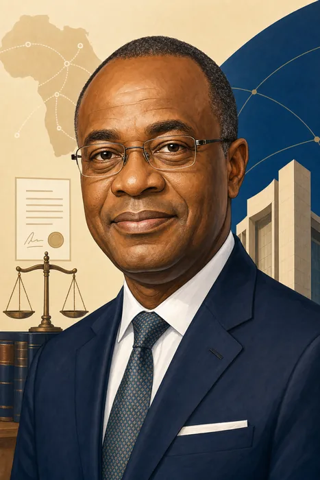 Illustrated head-and-shoulders portrait of Dr. George Elombi in a professional setting with subtle banking and legal motifs.