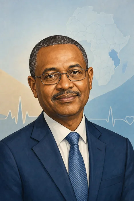 Illustrated head-and-shoulders portrait of Mohamed Yakub Janabi with subtle public-health and cardiovascular-care cues.