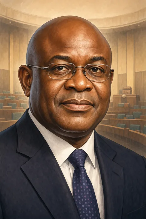 Illustrated head-and-shoulders portrait of David Mark in a formal suit, with subtle Nigerian legislative and civic imagery in the background.