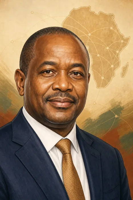 Illustrated head-and-shoulders portrait of Wamkele Mene in a formal diplomatic setting with subtle African trade-integration cues.