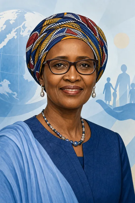 Illustrated head-and-shoulders portrait of Winnie Byanyima with subtle United Nations and global-health visual cues.
