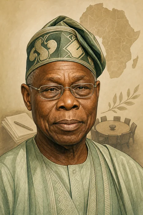 Illustrated head-and-shoulders portrait of Olusegun Obasanjo with understated diplomatic and Nigerian public-service cues.