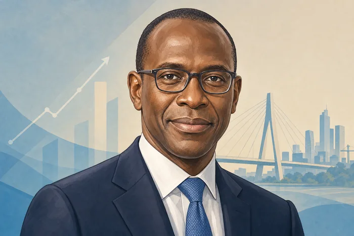 Illustrated head-and-shoulders portrait of Makhtar Diop in a professional editorial style, with subtle development-finance visual cues.