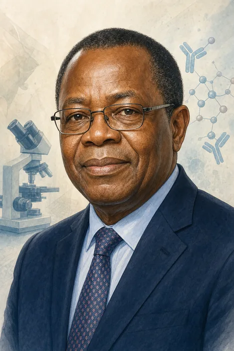 Illustrated head-and-shoulders portrait of Jean-Jacques Muyembe-Tamfum with subtle biomedical research cues.