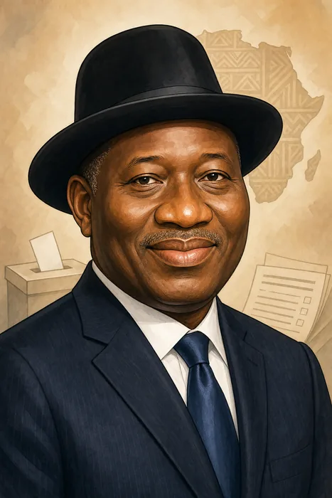 Illustrated head-and-shoulders portrait of Goodluck Ebele Azikiwe Jonathan in formal attire, with restrained civic and election-observation visual cues.