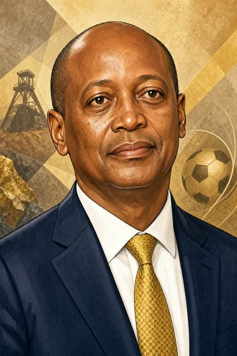 Illustrated head-and-shoulders portrait of Patrice Motsepe with subtle mining and football leadership cues.