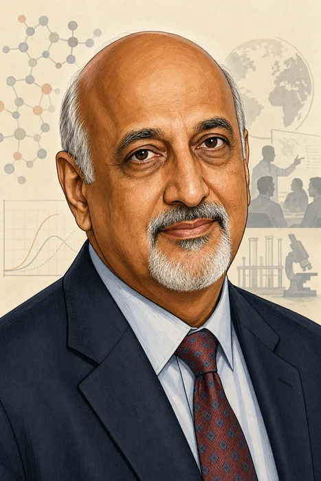 Illustrated head-and-shoulders portrait of epidemiologist Salim S. Abdool Karim, with subtle public-health research cues in the background.