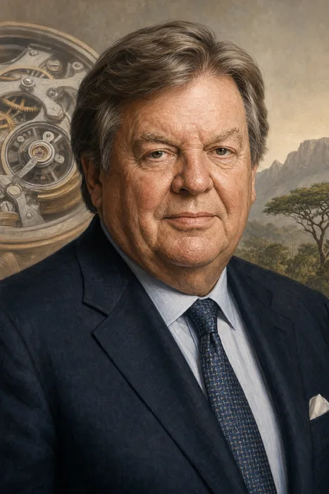 Illustrated head-and-shoulders portrait of Johann Rupert in a restrained editorial style, with subtle luxury-goods and conservation cues.
