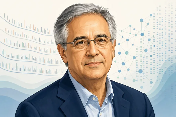 Illustrated head-and-shoulders portrait of Tulio de Oliveira with subtle genomic sequencing and data-pattern imagery in the background.