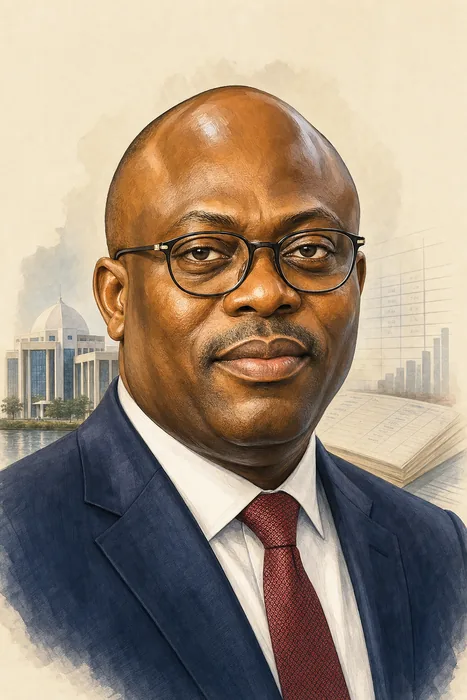 Illustrated head-and-shoulders portrait of Siminalayi Fubara with subtle Rivers State governance and public-finance cues.