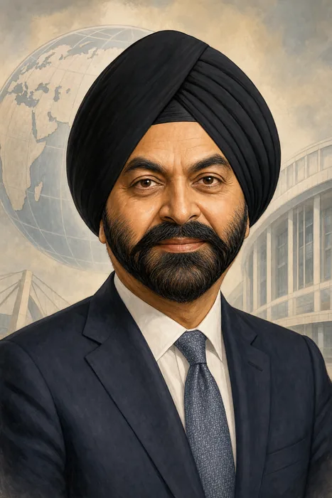 Illustrated head-and-shoulders portrait of Ajay Banga in a formal business suit, with a subtle global-development backdrop.