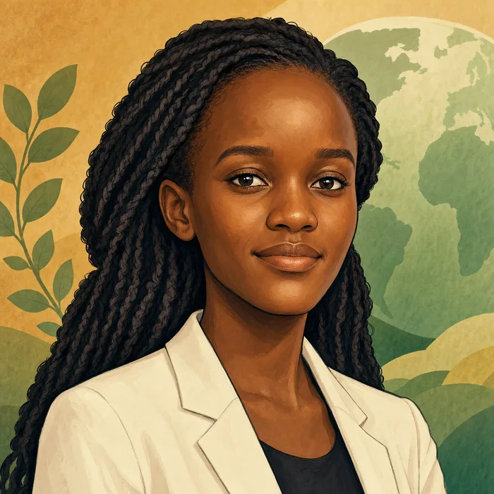 Illustrated head-and-shoulders portrait of Vanessa Nakate with subtle climate and youth-advocacy imagery in the background.