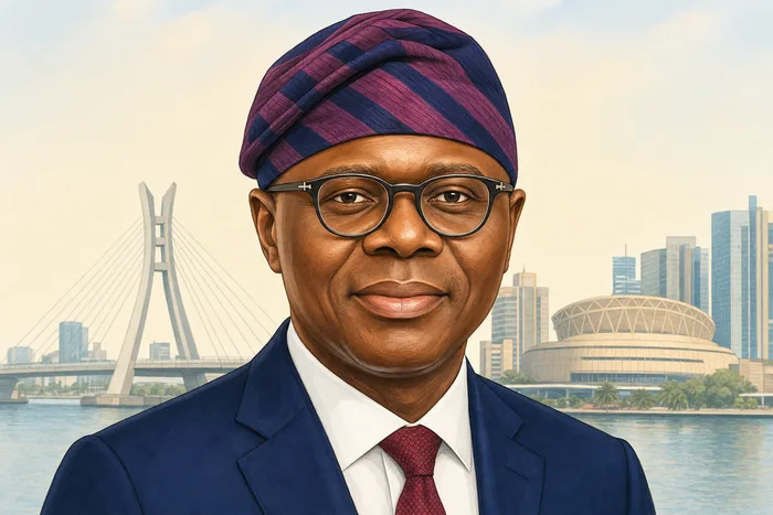 Illustrated head-and-shoulders portrait of Babajide Sanwo-Olu with subtle Lagos civic imagery in the background.