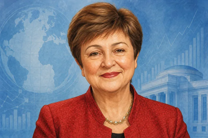 Illustrated head-and-shoulders portrait of Kristalina Georgieva with subtle international economic governance motifs.