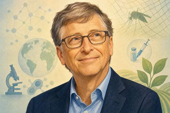 Illustrated head-and-shoulders portrait of Bill Gates with understated global health and development visual cues.