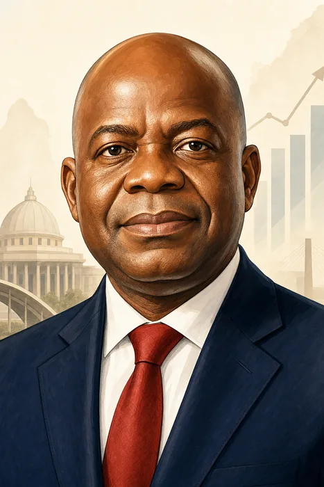 Illustrated head-and-shoulders portrait of Alex Chioma Otti in a formal public-service setting.