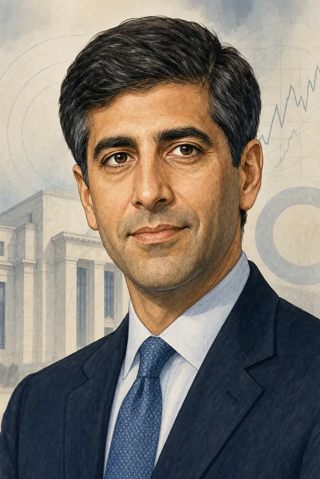 Illustrated head-and-shoulders portrait of Kevin Warsh with restrained visual references to central banking and monetary policy.