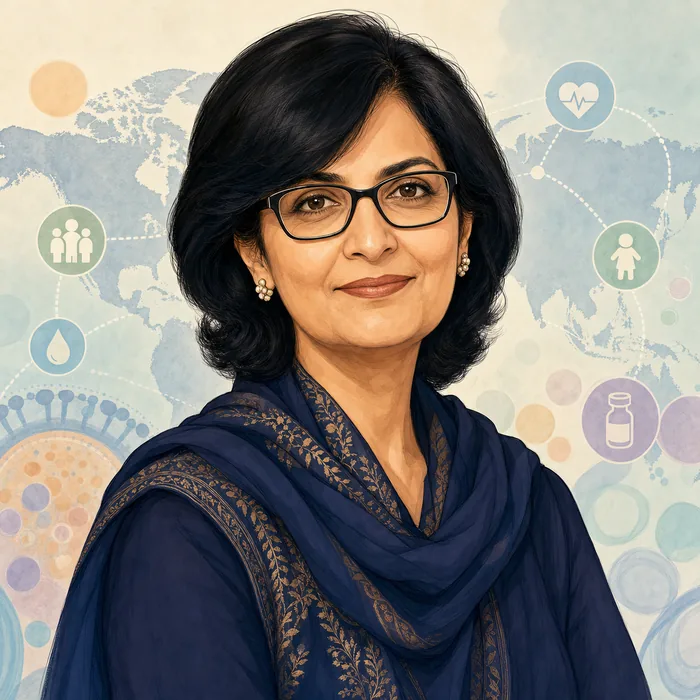 Illustrated head-and-shoulders portrait of Sania Nishtar with subtle global-health visual cues.