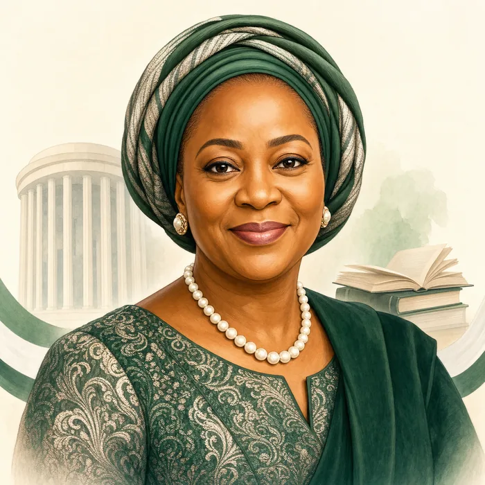 Illustrated head-and-shoulders portrait of Oluremi Shade Tinubu against a simple Nigerian civic-themed background.