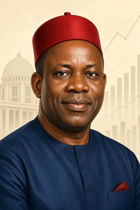 Illustrated head-and-shoulders portrait of Charles Chukwuma Soludo with understated Anambra State governance and economics-themed background cues.