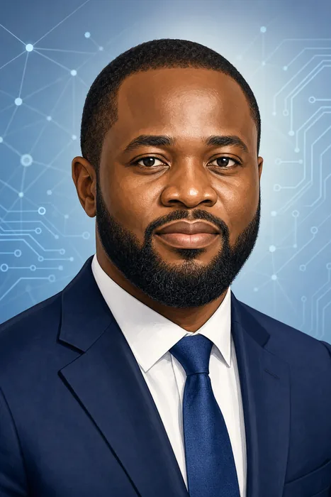 Illustrated head-and-shoulders portrait of Bosun Tijani with subtle digital-technology motifs in the background.