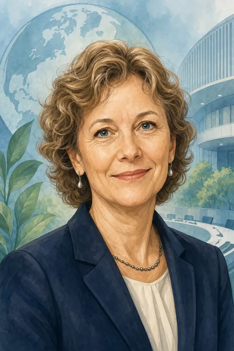 Illustrated head-and-shoulders portrait of Inger La Cour Andersen with subtle environmental and United Nations-themed background cues.