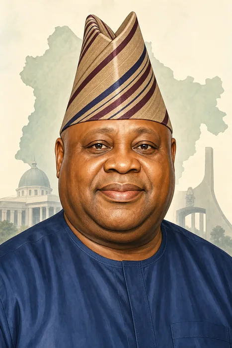 Illustrated head-and-shoulders portrait of Ademola Adeleke with subtle Osun State government-themed background details.