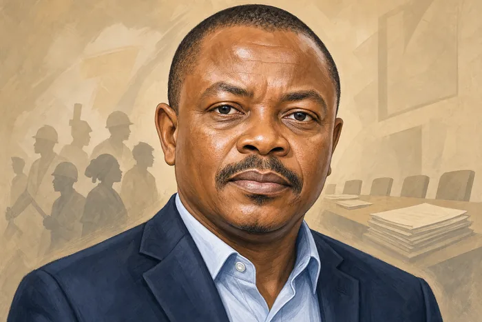 Illustrated head-and-shoulders portrait of Nigerian labour leader Joe Ajaero with subtle labour-representation cues.