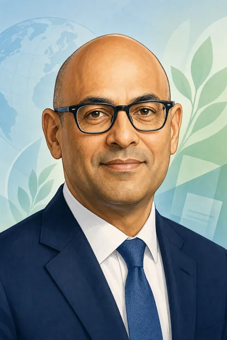 Illustrated head-and-shoulders portrait of Simon Stiell with subtle climate-governance visual cues.