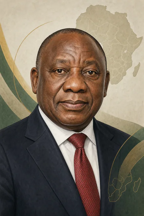 Editorial illustrated head-and-shoulders portrait of Matamela Cyril Ramaphosa in formal attire, with subtle South African and regional diplomatic visual cues.