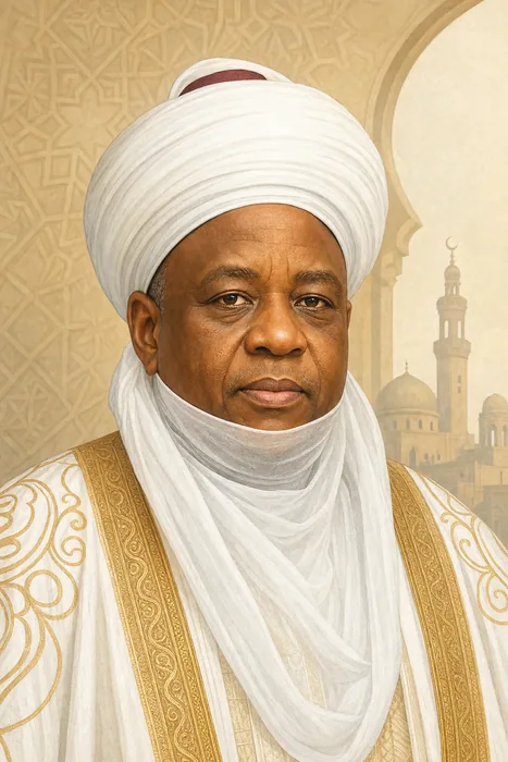 Illustrated head-and-shoulders portrait of Muhammadu Sa'ad Abubakar III in dignified traditional attire, with a subtle Islamic architectural motif in the background.