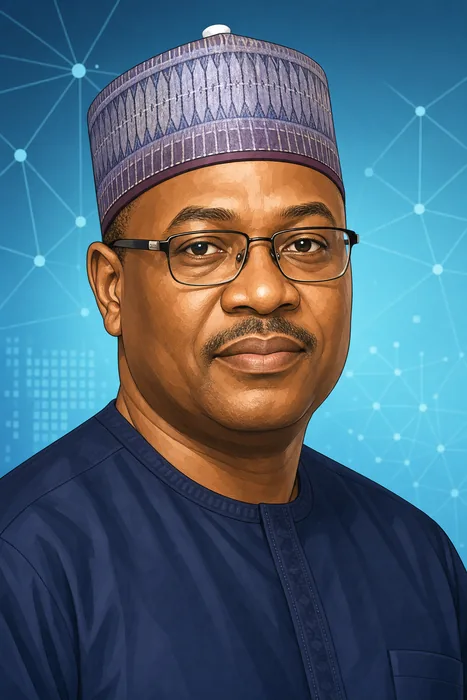 Illustrated head-and-shoulders portrait of Kashifu Inuwa Abdullahi with subtle digital-technology motifs in the background.
