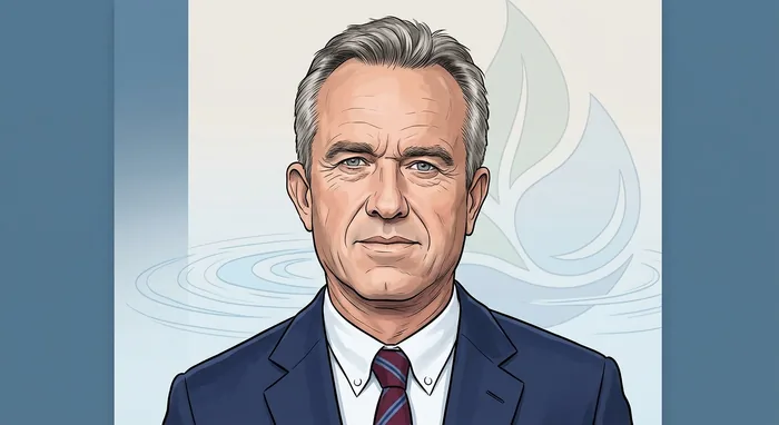 Illustrated head-and-shoulders portrait of Robert F. Kennedy Jr. with subtle health administration and water advocacy cues.