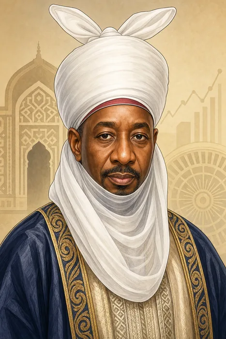 Illustrated head-and-shoulders portrait of Muhammadu Sanusi II in formal traditional attire, with understated Kano and central-banking motifs.