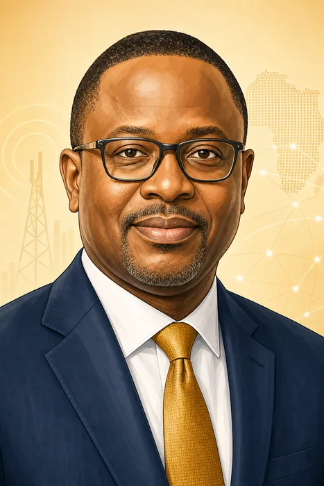 Illustrated head-and-shoulders portrait of Karl Olutokun Toriola with subtle telecommunications imagery in the background.
