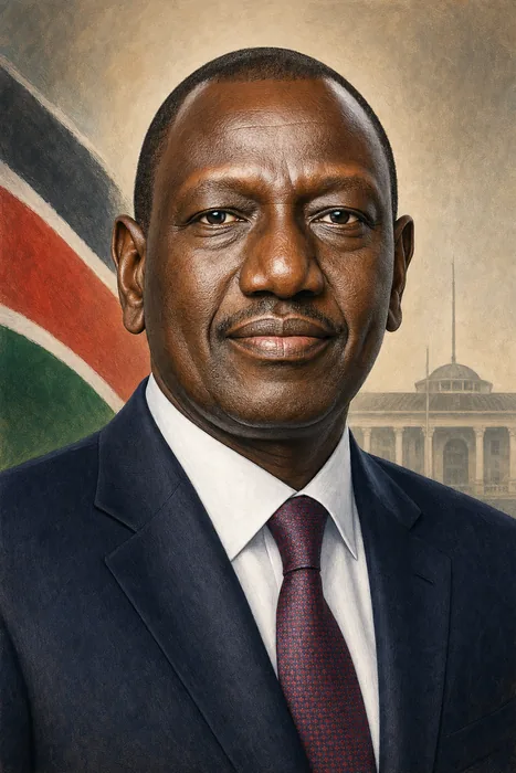 Illustrated head-and-shoulders portrait of William Samoei Ruto in formal presidential attire, set against a subtle Kenyan civic backdrop.