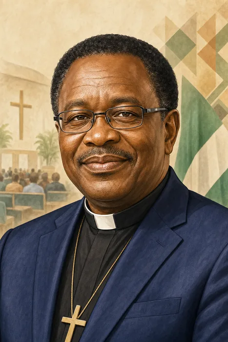 Illustrated head-and-shoulders portrait of Daniel Chukwudumebi Okoh, Nigerian Christian cleric and president of the Christian Association of Nigeria.