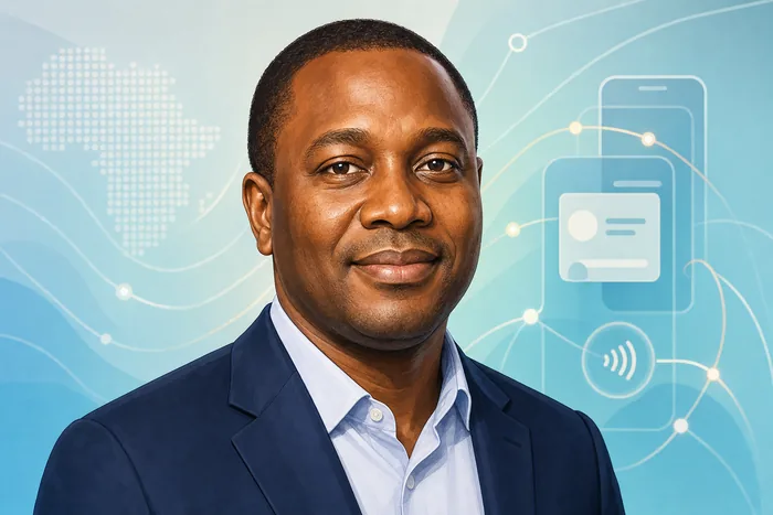 Illustrated head-and-shoulders portrait of Olugbenga "GB" Agboola with subtle digital-payments imagery in the background.