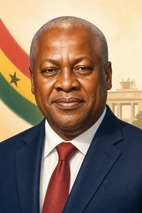 Illustrated head-and-shoulders portrait of John Dramani Mahama in a formal presidential setting with subtle Ghanaian civic color accents.