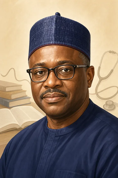 Illustrated head-and-shoulders portrait of Tunji Alausa, with understated education and medical motifs in the background.