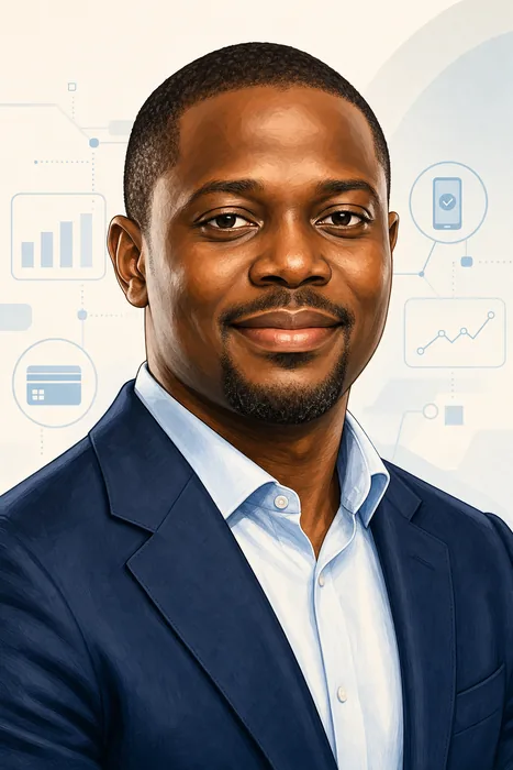 Illustrated head-and-shoulders portrait of Tosin Eniolorunda with subtle financial-technology visual cues in the background.