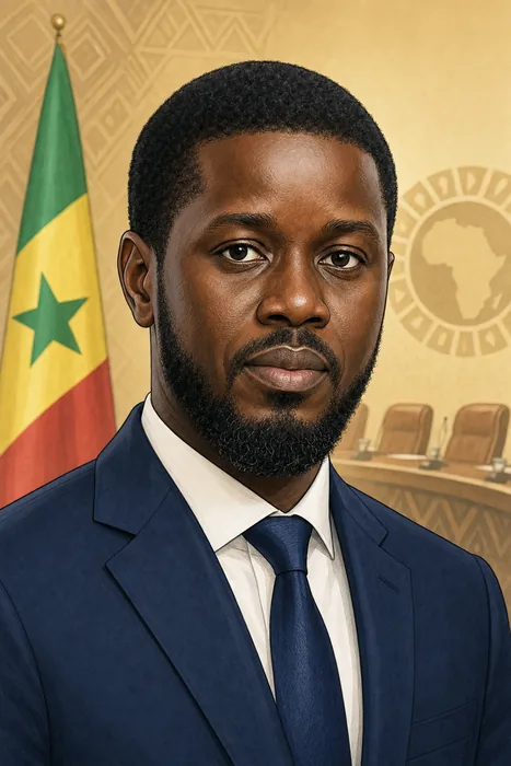 Illustrated head-and-shoulders portrait of Bassirou Diomaye Diakhar Faye in a formal setting with subtle Senegalese and West African regional cooperation cues.