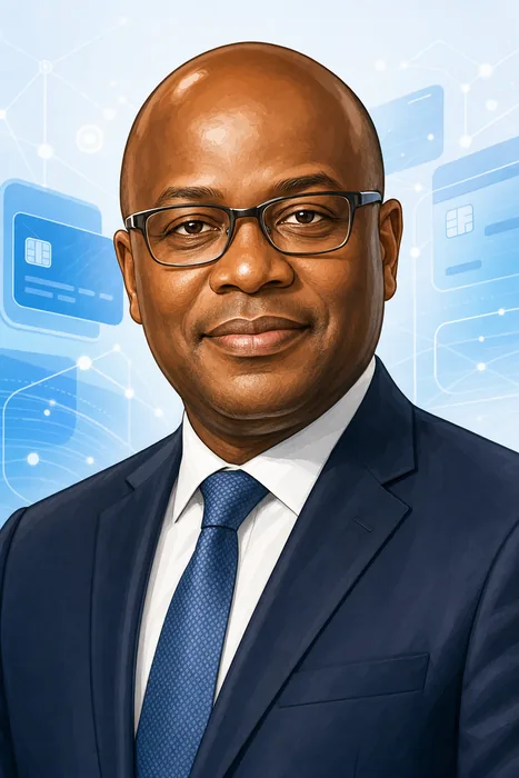 Illustrated head-and-shoulders portrait of Mitchell Elegbe with subtle digital-payments imagery in the background.