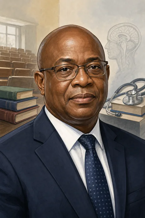 Illustrated head-and-shoulders portrait of Christopher Goson Piwuna with subtle academic and medical cues.