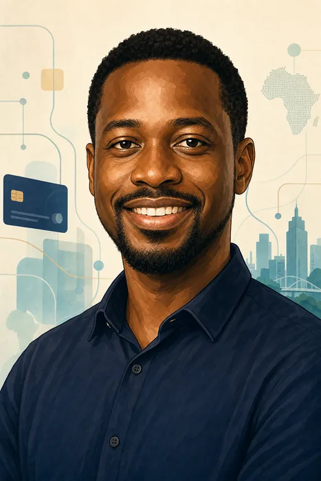 Illustrated head-and-shoulders portrait of Shola Akinlade with subtle digital payments and technology cues.