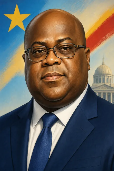 Illustrated head-and-shoulders portrait of Félix Tshisekedi in a formal presidential setting with subtle Democratic Republic of the Congo color accents.