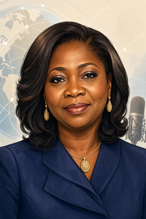 Illustrated head-and-shoulders portrait of Abike Dabiri-Erewa with subtle diaspora and broadcast-media visual cues.