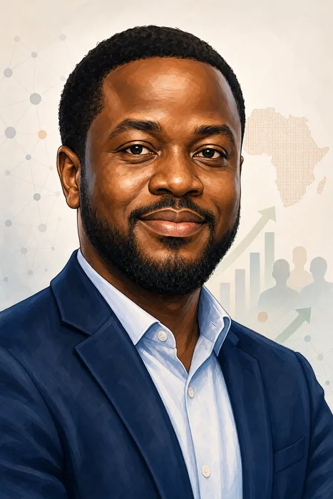 Illustrated head-and-shoulders portrait of Iyinoluwa “E” Aboyeji with subtle technology and investment-themed background cues.