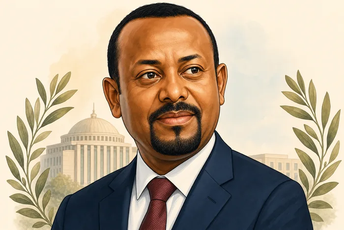 Illustrated head-and-shoulders portrait of Abiy Ahmed Ali against a simple civic background with subtle peace-themed accents.