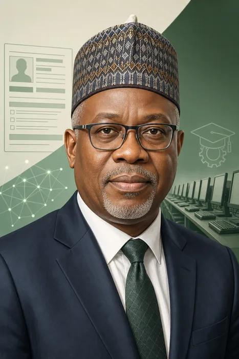 Illustrated head-and-shoulders portrait of Professor Segun Aina with subtle education and digital-systems cues.